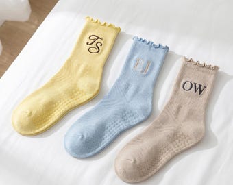 Custom Embroidered Ruffle Pilates Socks, Personalized Grip Socks, Bachelorette Gifts
