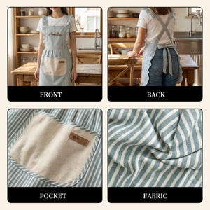 May include: A striped apron with a large front pocket and a small leather tag. The apron has a light blue and white striped pattern and the name "Amelia" embroidered on the chest. The apron ties in the back with a bow.