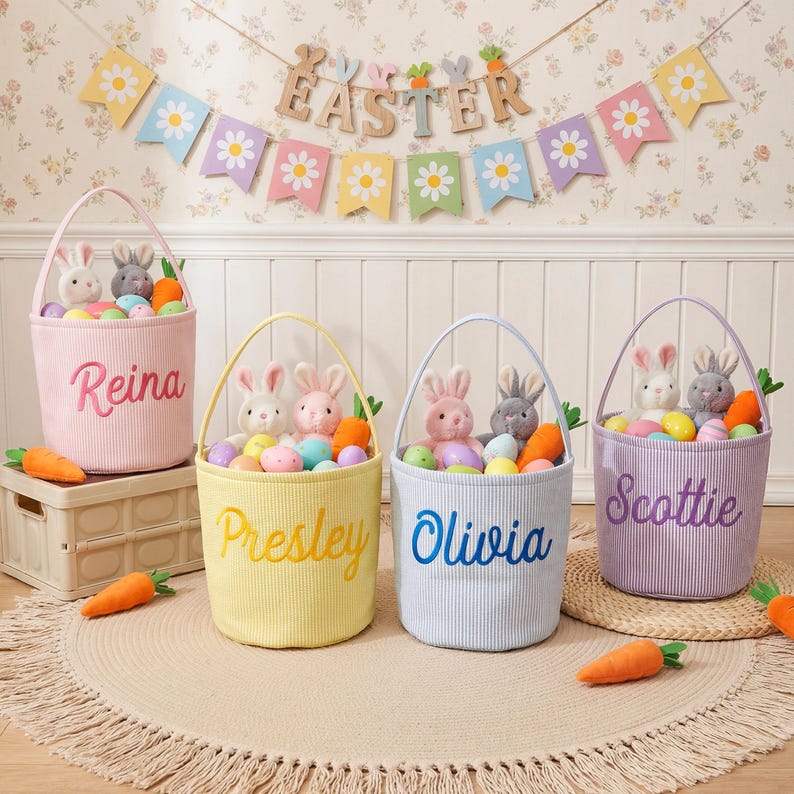 May include: Four pastel-colored Easter baskets with handles, each filled with plush bunnies, colorful eggs, and carrots. Each basket has a name embroidered on the front: Reina, Presley, Olivia, and Scottie. A decorative Easter banner hangs in the background.