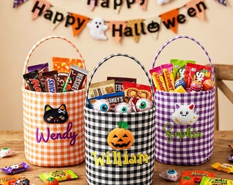 Custom Plaid Trick or Treat Bag with Name, Embroidered Halloween Basket Gift, Halloween Candy Bucket for Kids/Toddle, Pumpkin Basket