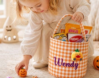 Custom Plaid Trick or Treat Bag with Name, Embroidered Halloween Basket Gift, Halloween Candy Bucket for Kids/Toddle, Pumpkin Basket