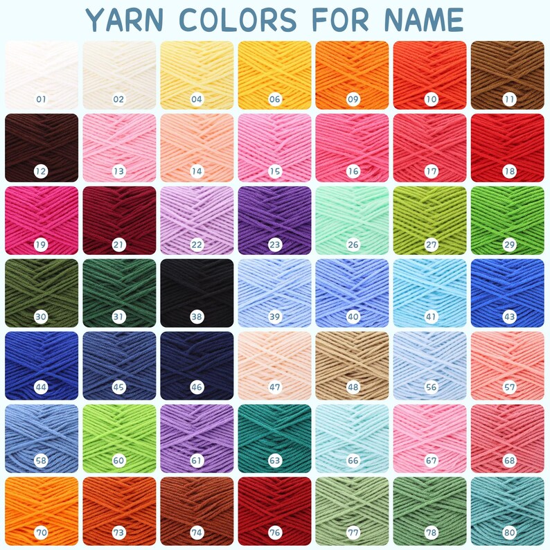 May include: A color chart of yarn skeins, each in a different shade, arranged in a grid. The chart includes a variety of colors, from white and yellow to orange, red, and blue. The text "YARN COLORS FOR NAME" is at the top.