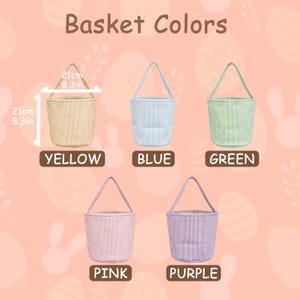 May include: A collection of five corduroy Easter baskets in yellow, blue, green, pink, and purple. Each basket is 8.3 inches tall and 8.3 inches wide, with a matching handle. The text "Basket Colors" is at the top of the image.