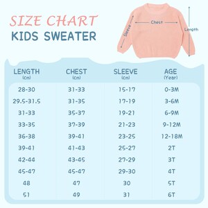 May include: A size chart for kids' sweaters, featuring measurements in centimeters. The chart includes length, chest, and sleeve dimensions, along with corresponding age ranges from 0-3 months to 6T. A peach-colored sweater is shown.