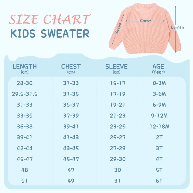 May include: A size chart for kids' sweaters, featuring measurements in centimeters. The chart includes length, chest, and sleeve dimensions, along with corresponding age ranges from 0-3 months to 6T. A peach-colored sweater is shown.