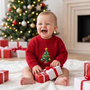 May include: A red long-sleeve knit sweater featuring a central embroidered Christmas tree graphic with colorful ornaments and a yellow star topper. The sweater has a ribbed crew neckline and cuffs, and the name Carter is stitched in dark thread.