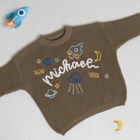 Personalized Toddler Space Sweater: Hand Embroidered Baby Name, First Birthday Gift
