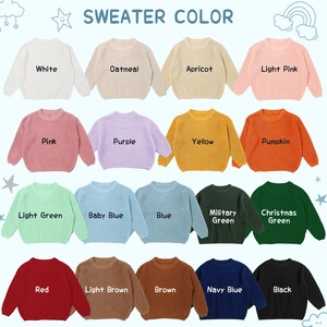 May include: A collection of crew neck sweaters in various colors, including white, pink, and blue. The text "SWEATER COLOR" is at the top. Each sweater has a label with its color name, such as "White" and "Red".
