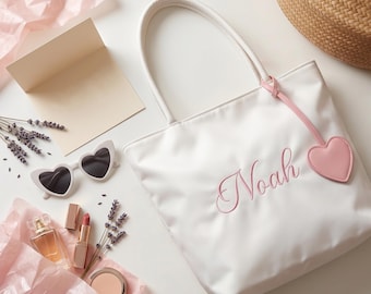 Personalized Nylon Mini Bag w/ heart-shape tag, Custom Monogrammed Bridesmaid Gift, Bachelorette Party Gift