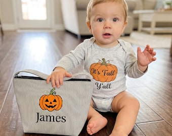 Personalized Seersucker Halloween Trick or Treat Basket, Kids Candy Bucket, Embroidered Name Bag, Happy Halloween Gifts