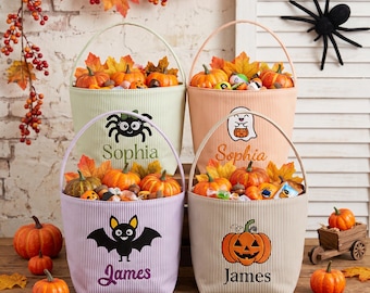 Personalized Seersucker Halloween Trick or Treat Basket, Kids Candy Bucket, Embroidered Name Bag, Happy Halloween Gifts