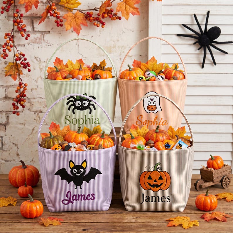 Personalized Seersucker Halloween Trick or Treat Basket, Kids Candy Bucket, Embroidered Name Bag, Happy Halloween Gifts