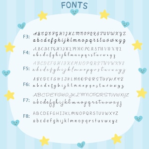May include: A light blue background with the word FONTS at the top. The image displays examples of different font styles, including uppercase and lowercase letters. The fonts are labeled F3 through F8, with each font style shown in a different cursive style.