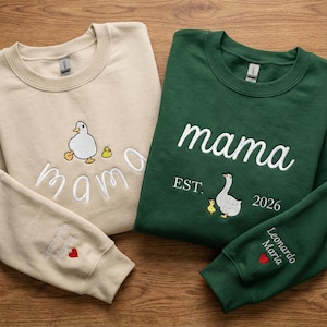 Embroidered Mama Sweatshirt, Personalized Embroidered Mama duck Shirt With Kids Names Sleeve, Best Mom gift, Gift for New Mum