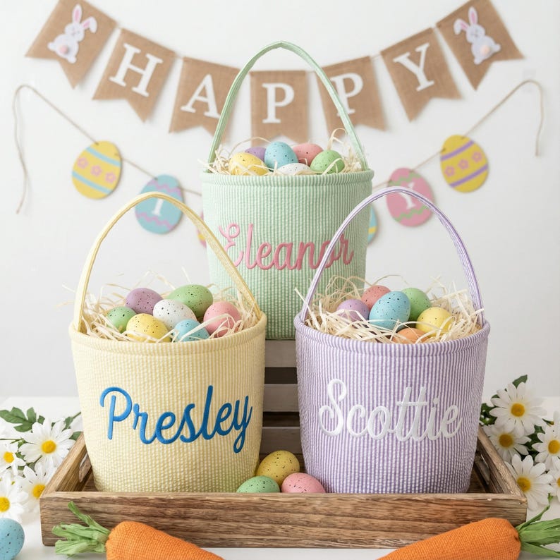 May include: Three pastel-colored Easter baskets filled with decorative eggs and straw, arranged on a wooden tray. Each basket has a handle and a name embroidered on the front: "Eleanor", "Presley", and "Scottie". A banner with "HAPPY" is in the background.