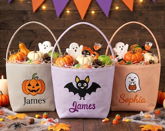 Personalized Seersucker Trick or Treat Basket, Halloween Candy Bucket for Kids, Embroidery Halloween Bag, Halloween Pumpkin Basket Gift