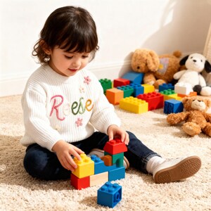 May include: A young child wearing a white sweater with the name "Reese" embroidered in colorful letters, playing with colorful building blocks. The blocks are red, yellow, blue, and green. Several stuffed animals are in the background.
