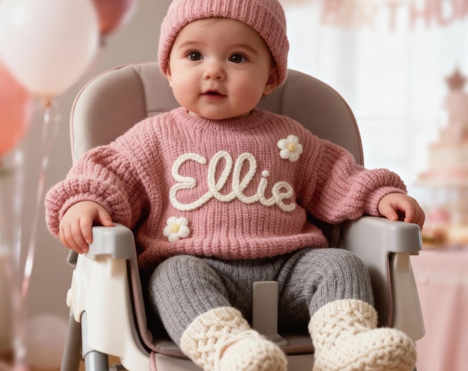 Personalized Hand embroidered Name Baby Sweater,Custome Knit Sweater,Pink Baby Girls Sweater With Name,Birthday Gift For Baby Girls Boy