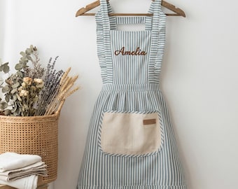 Personalized Striped Apron with Pockets, Embroidered Baking Kitchenwear