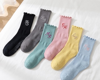 Custom Embroidered Ruffle Pilates Socks, Personalized Grip Socks, Bachelorette Gifts