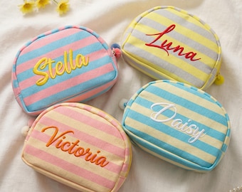 Monogrammed Striped Toiletry Bag: Shell Shape Makeup Bag with Pompoms