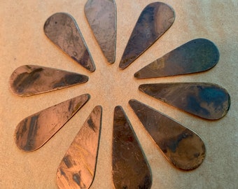 Set of 10 Vintage Flat Copper No-hole Teardrop with Patina