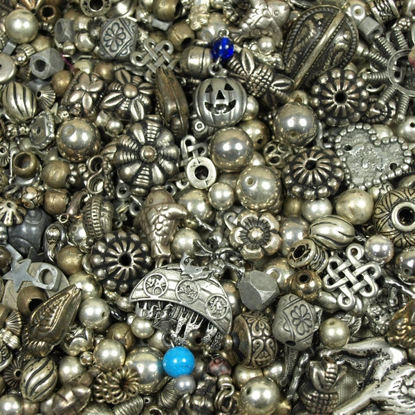 Grab Bag of Silver Colored Metal Beads, Pendants, Links and Findings