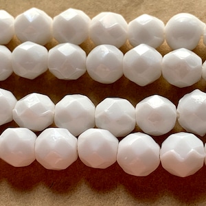 Vintage 7mm Opaque White Fire Polish Glass Beads