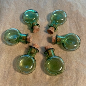 Six Mini Green Glass Bottles with Cork