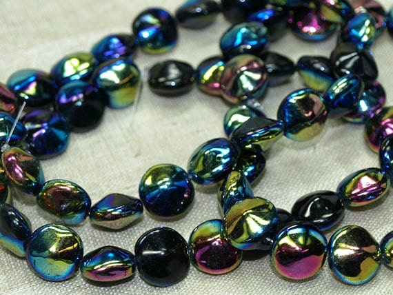 Strand of 20  9mm Black Iris Coin-Shaped German Glass Beads,  NGL623