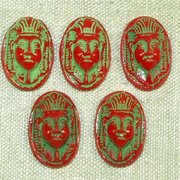 Pair of  Red "Egyptian" King Tut cabochons, Czech-made in the 1920's