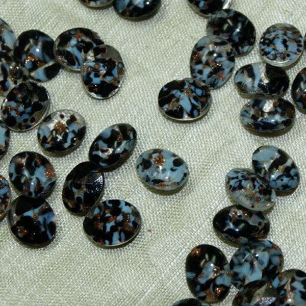 5 Double-Sided, Black, Pale Blue and Gold Czech Glass Cabs, 1950's