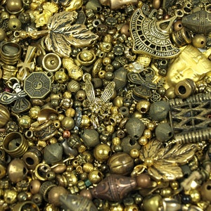 Grab Bag of Gold Colored Metal Beads, Pendants, Links and Findings. MIX4046