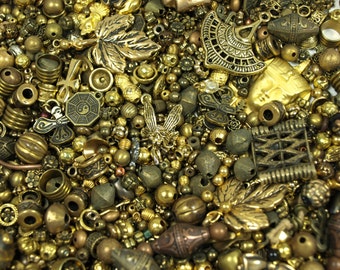 Grab Bag of Gold Colored Metal Beads, Pendants, Links and Findings. MIX4046