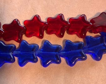 Cuentas de cristal vintage en forma de estrella de color azul cobalto o rojo rubí