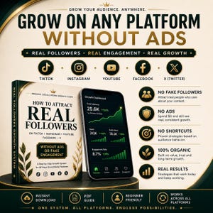 May include: An advertisement promoting social media growth. The image features a book titled "How to Attract Real Followers" and a smartphone displaying growth metrics. The text emphasizes growing on any platform without ads, focusing on real followers, engagement, and growth.