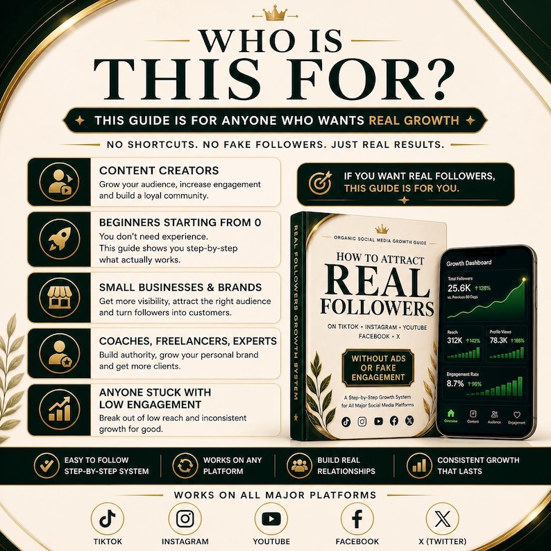May include: An informational graphic with the title "WHO IS THIS FOR?" features a book titled "How to Attract Real Followers" and a smartphone displaying a growth dashboard. The guide is for anyone wanting real growth on social media platforms.