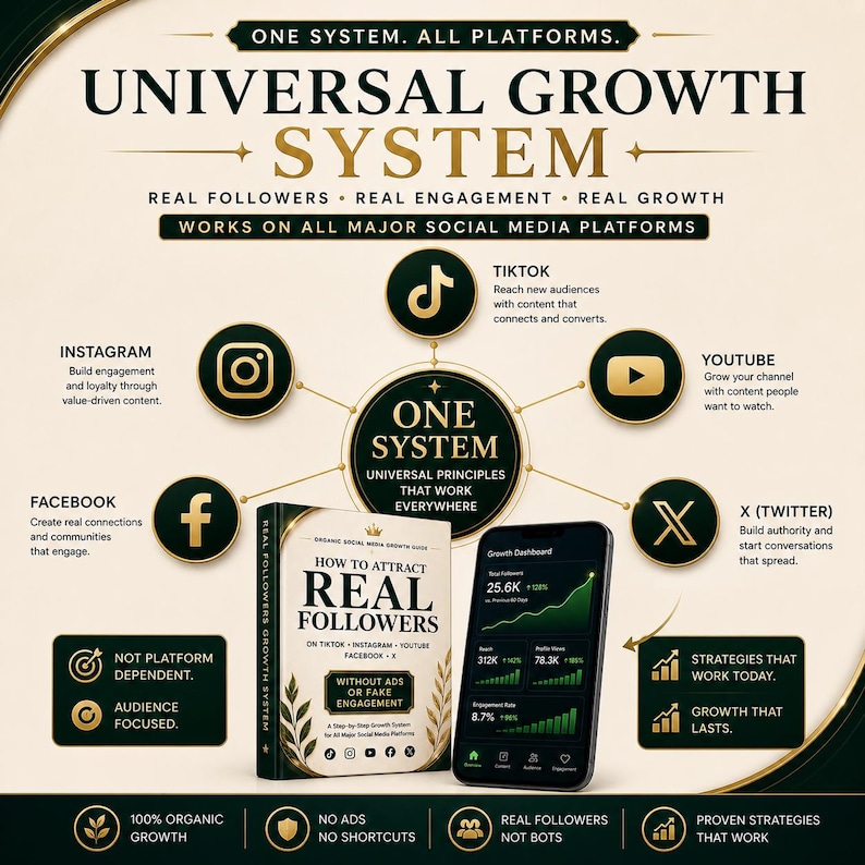 May include: An infographic promoting a universal growth system for social media platforms. It features logos for Instagram, Facebook, TikTok, YouTube, and X (Twitter), along with a book titled "How to Attract Real Followers" and a smartphone displaying growth metrics.