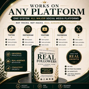 May include: An advertisement promoting a social media growth guide. The image features a book titled "How to Attract Real Followers" with icons for TikTok, Instagram, YouTube, Facebook, and X. The text emphasizes real audience psychology and growth.