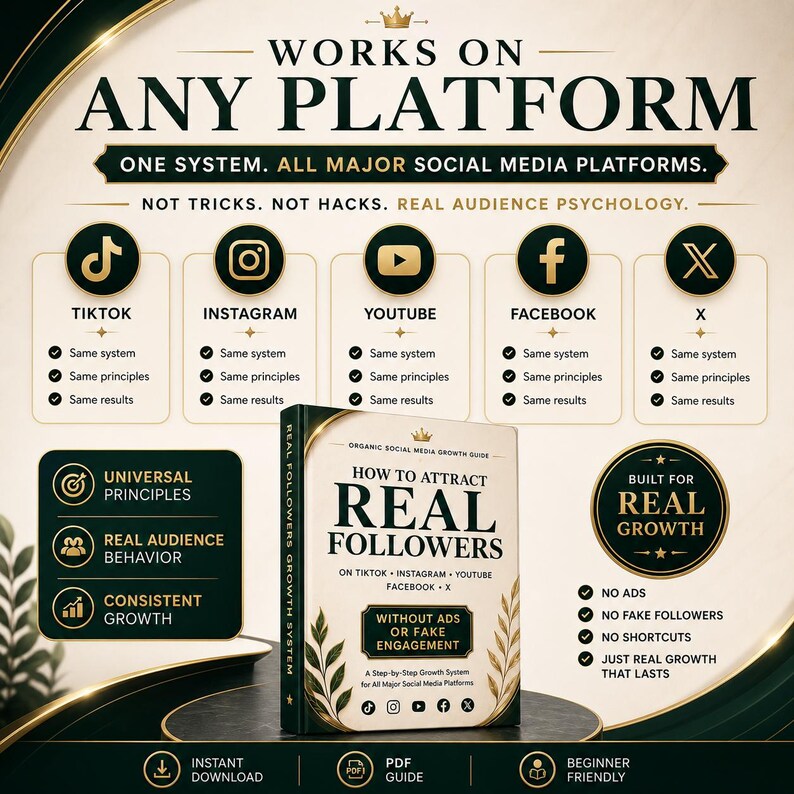 May include: An advertisement promoting a social media growth guide. The image features a book titled "How to Attract Real Followers" with icons for TikTok, Instagram, YouTube, Facebook, and X. The text emphasizes real audience psychology and growth.