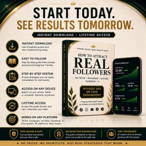 May include: An advertisement for a social media growth guide. The image features a book titled "How to Attract Real Followers" and a smartphone displaying a growth dashboard. The ad promises instant download, lifetime access, and a step-by-step system for major social media platforms.