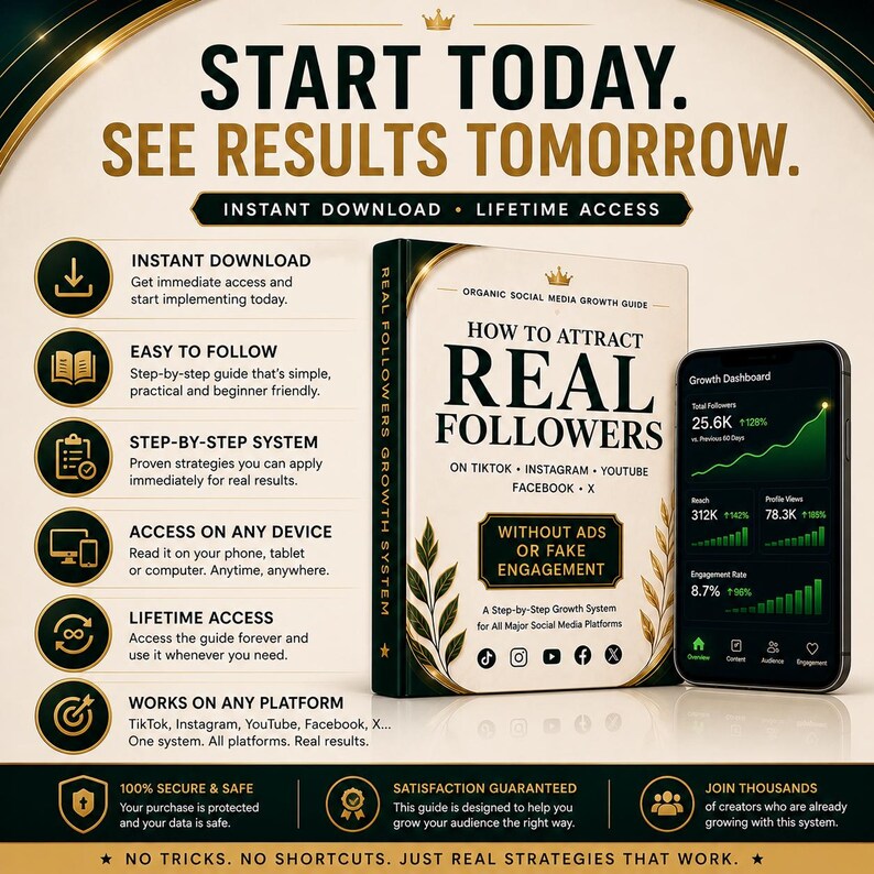 May include: An advertisement for a social media growth guide. The image features a book titled "How to Attract Real Followers" and a smartphone displaying a growth dashboard. The ad promises instant download, lifetime access, and a step-by-step system for major social media platforms.