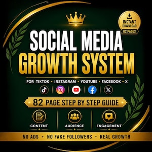 Social media growth guide for TikTok, Instagram, YouTube, Facebook and X, showing a real followers growth system with no ads or fake engagement, digital PDF download