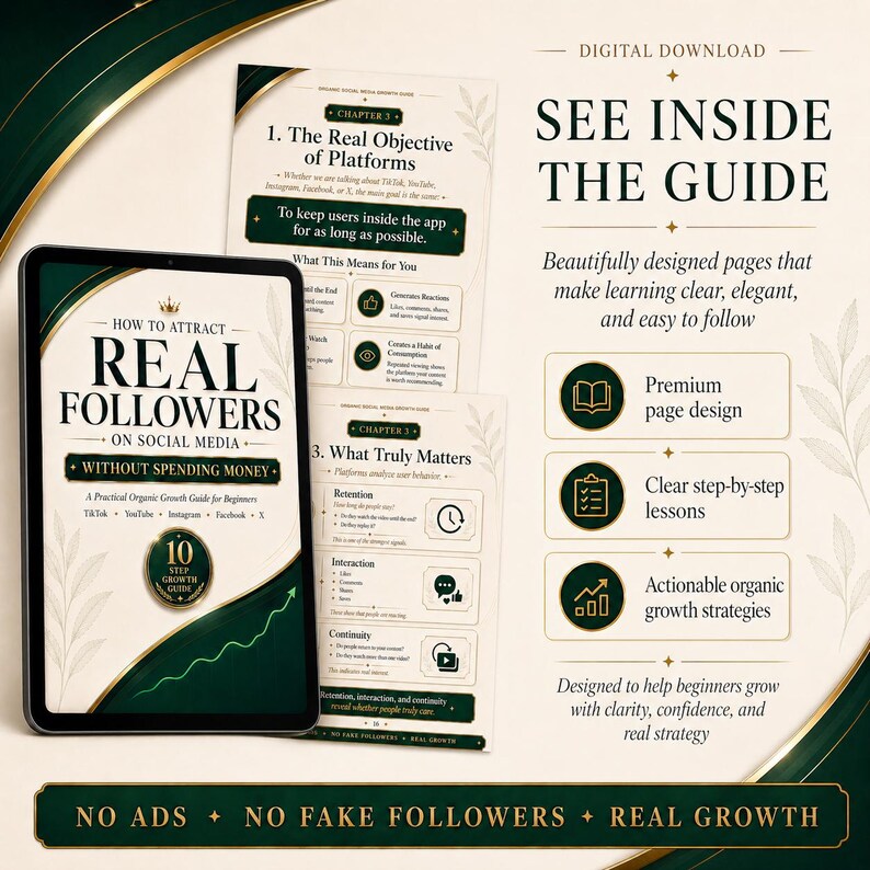 May include: Digital download guide titled "How to Attract Real Followers on Social Media." The cover features a tablet with the guide's title and a green and gold design. Additional pages detail platform objectives, retention, and growth strategies.
