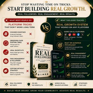 May include: An infographic promoting a social media growth system. The image contrasts ineffective platform tricks with a real growth system. It features a book titled "How to Attract Real Followers" and a smartphone displaying growth metrics. The text includes "Real Followers, Real Engagement, Real Results."