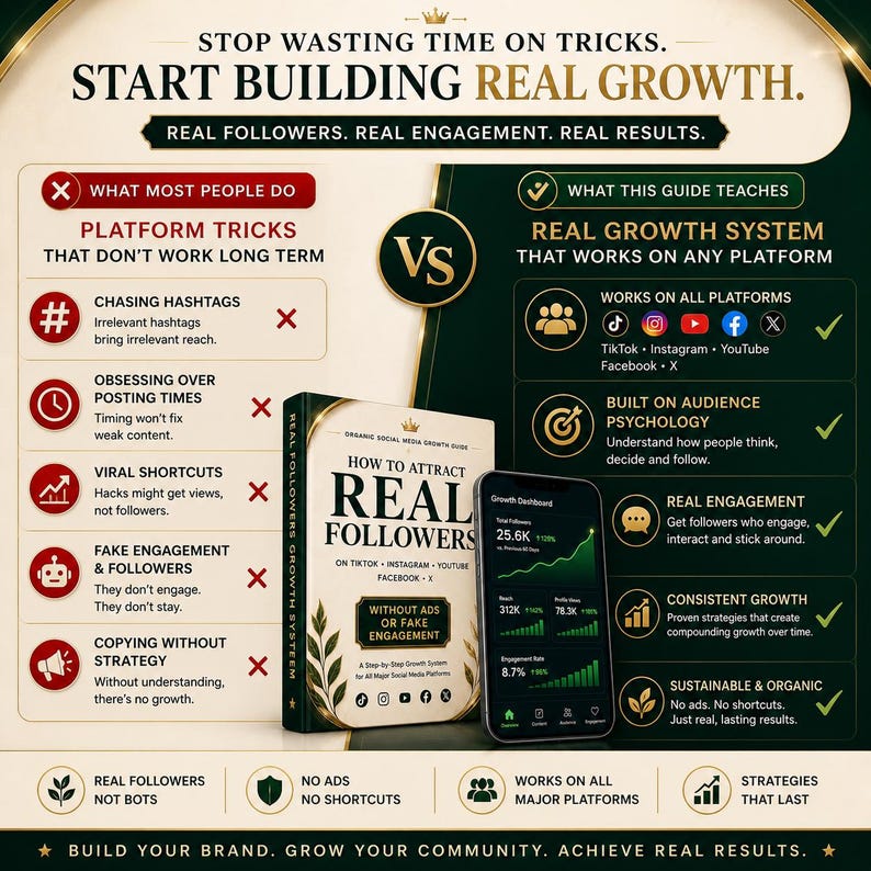 May include: An infographic promoting a social media growth system. The image contrasts ineffective platform tricks with a real growth system. It features a book titled "How to Attract Real Followers" and a smartphone displaying growth metrics. The text includes "Real Followers, Real Engagement, Real Results."