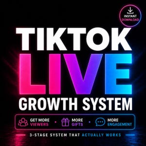 May include: A digital graphic with the words "TIKTOK LIVE GROWTH SYSTEM" in white and gradient colours. The image promotes a 3-stage system for increasing viewers, gifts, and engagement. A download icon is in the upper right corner.