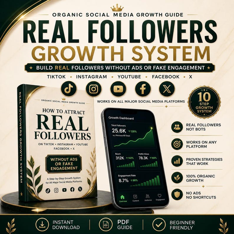 May include: An organic social media growth guide titled "Real Followers Growth System" with a book and a smartphone displaying a growth dashboard. The guide promises to help build real followers without ads or fake engagement on platforms like TikTok, Instagram, and YouTube.