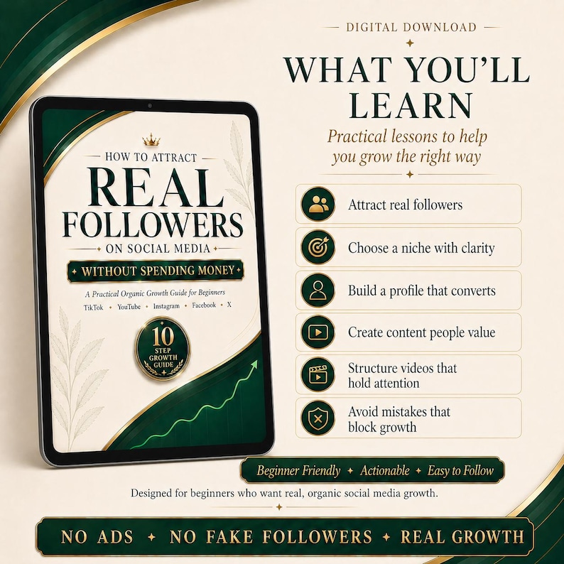 May include: A digital download graphic with the title "How to Attract Real Followers on Social Media Without Spending Money." The guide includes a 10-step growth guide and promises real growth, no ads, and no fake followers. The guide is designed for beginners.