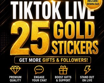 Stickers dorados para TikTok LIVE, paquete de stickers PNG para chat, interacción en streaming, descarga instantánea.